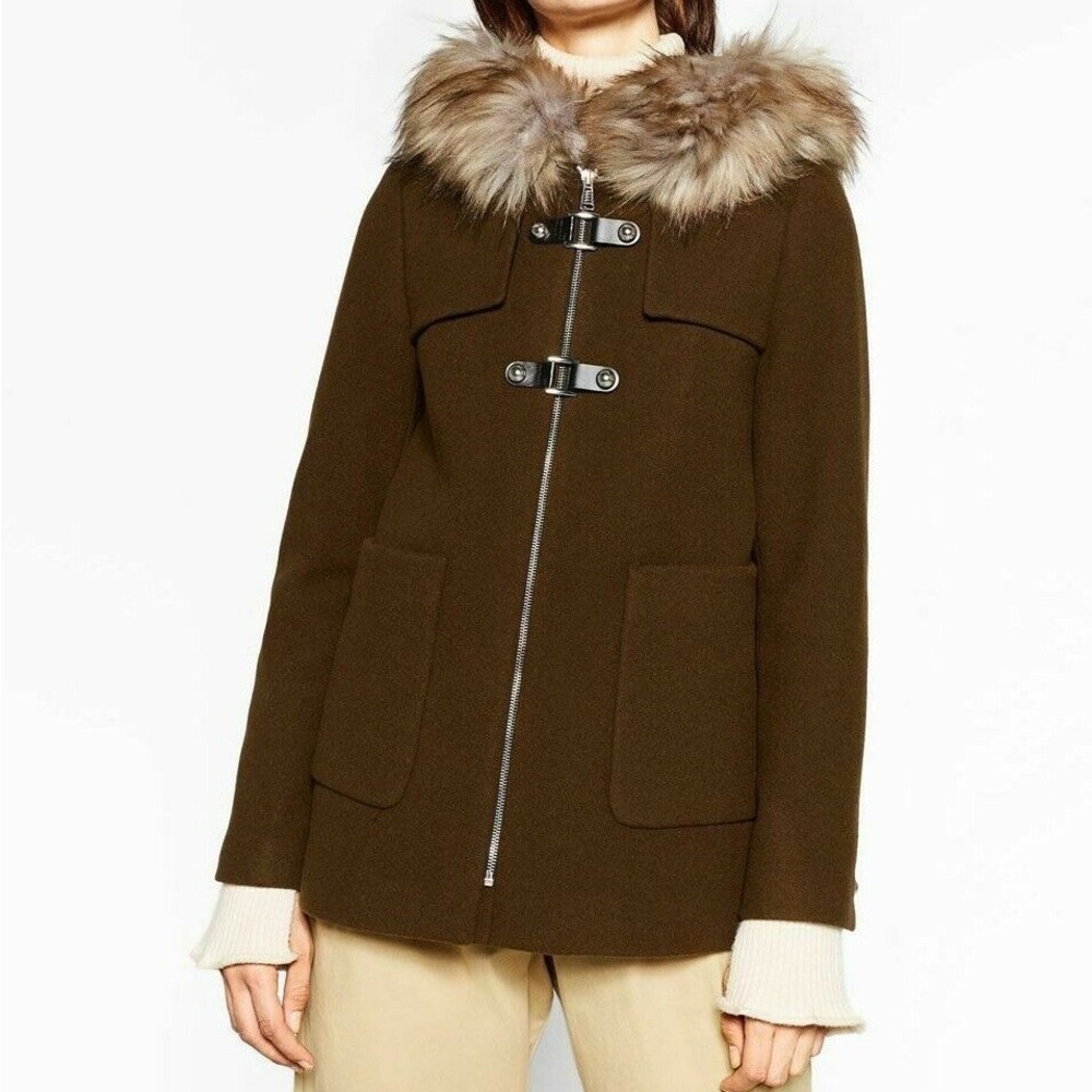 Zara Brown Fur-Trimmed Wool Coat
